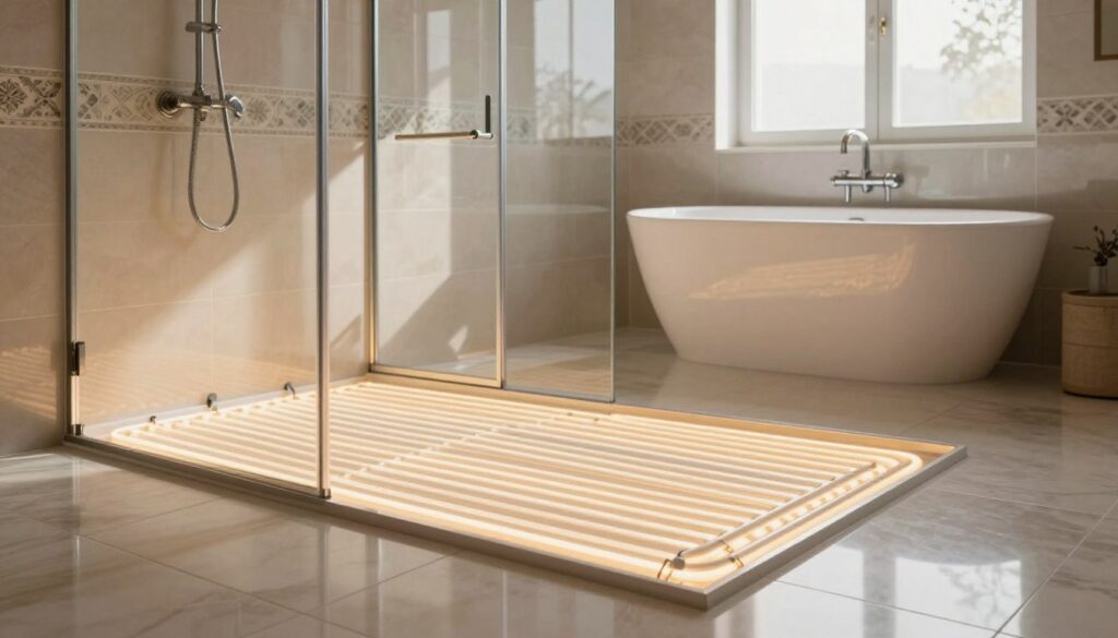 A modern bathroom featuring underfloor heating beneath a sleek shower area and bathtub. The foreground showcases polished tiles with visible heating elements glowing softly, emphasizing the warmth and comfort. In the middle section, a spacious shower enclosure with glass doors and decorative wall tiles reflects an inviting ambiance, complemented by elegant fixtures. In the background, a contemporary bathtub rests against a stylish tiled wall, enhancing the overall luxurious feel. The lighting is warm and natural, streaming through a frosted window, casting gentle shadows. The atmosphere is tranquil and modern, showcasing efficient bathroom heating solutions with meticulous attention to detail, ideal for both relaxation and functionality. No text elements or distractions, purely a serene bathroom scene.