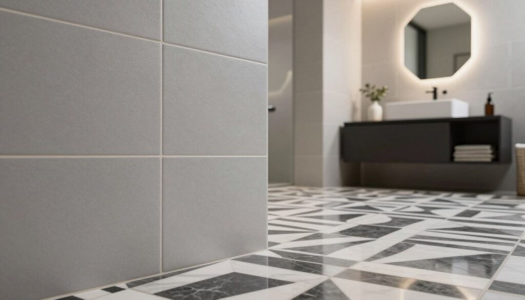 A modern bathroom showcasing a harmonious combination of wall and floor tiles, emphasizing a sleek design. In the foreground, showcase elegant matte ceramic wall tiles in soft gray, featuring subtle textures. In the middle, display a contrasting polished floor tile with a monochromatic geometric pattern in black and white, reflecting a sense of space. The background features carefully arranged bathroom fixtures like a minimalist sink and a stylish mirror, with soft, natural lighting that creates a warm ambiance. The camera angle is slightly tilted to enhance depth, ensuring all elements flow together seamlessly. The atmosphere is serene and inviting, perfect for illustrating contemporary bathroom design ideas. A modern bathroom showcasing a harmonious combination of wall and floor tiles, emphasizing a sleek design. In the foreground, showcase elegant matte ceramic wall tiles in soft gray, featuring subtle textures. In the middle, display a contrasting polished floor tile with a monochromatic geometric pattern in black and white, reflecting a sense of space. The background features carefully arranged bathroom fixtures like a minimalist sink and a stylish mirror, with soft, natural lighting that creates a warm ambiance. The camera angle is slightly tilted to enhance depth, ensuring all elements flow together seamlessly. The atmosphere is serene and inviting, perfect for illustrating contemporary bathroom design ideas.