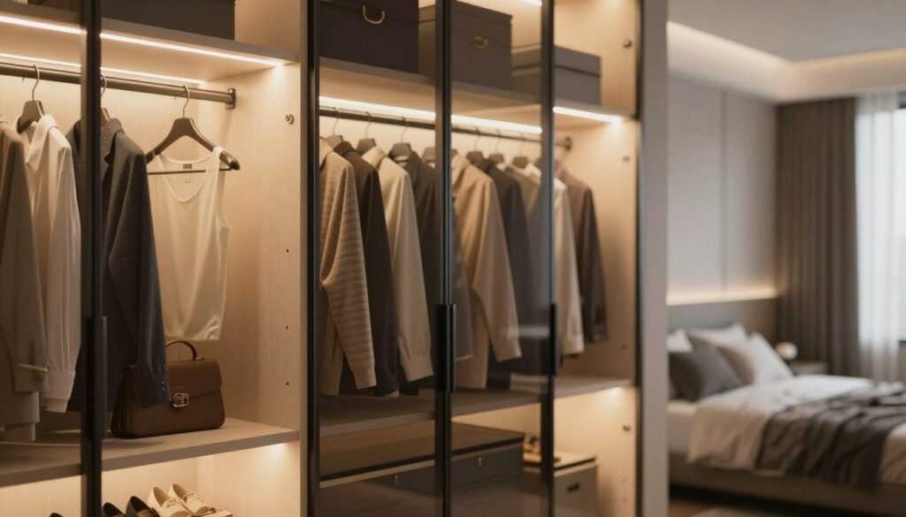 A modern bedroom featuring an elegantly designed wardrobe with integrated LED lighting. The foreground highlights the illuminated interior of the wardrobe, showcasing neatly organized clothing and accessories with warm, inviting LED lights illuminating the space. In the middle ground, the wardrobe’s sleek glass doors reflect ambient light, contributing to a serene atmosphere. The background hints at a softly lit bedroom, with muted color tones and cozy decor, enhancing the feeling of tranquility. The scene is captured with a soft focus lens, creating a warm and welcoming mood that invites viewers to imagine the functionality and beauty of enhanced wardrobe lighting.