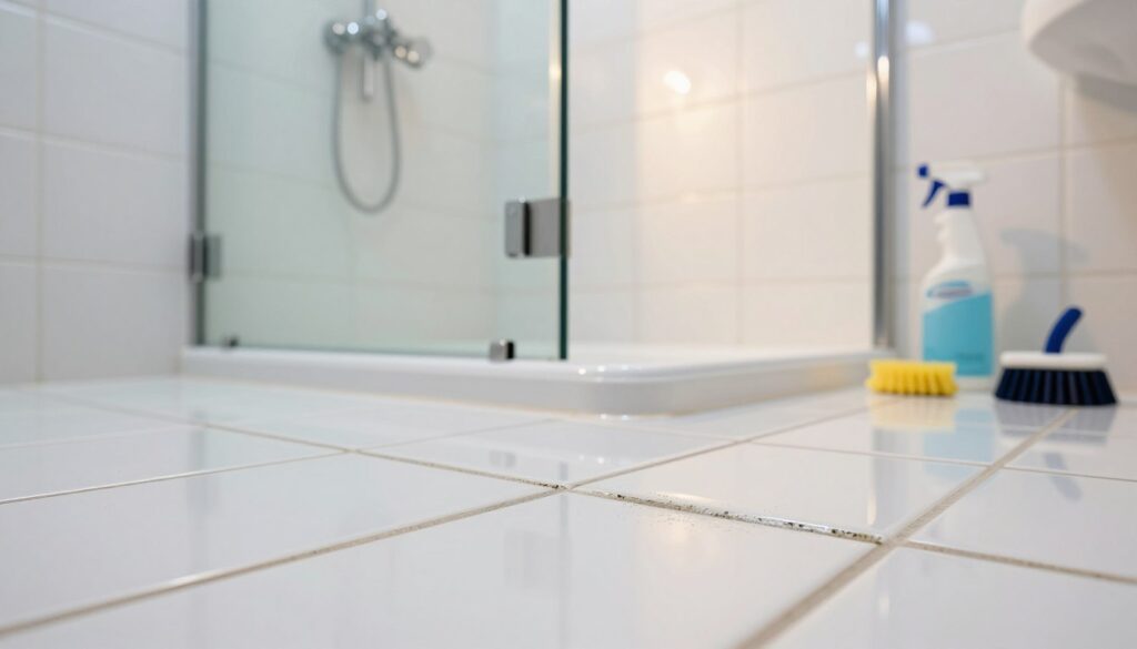 A modern, clean bathroom with a focus on the tile grout in a shower area. In the foreground, a close-up view highlights the grime-laden grout lines between glossy white tiles, emphasizing areas needing cleaning. In the middle, a well-lit shower is visible, featuring gleaming glass doors and chrome fixtures, reflecting warm, natural light. The background shows neatly arranged cleaning supplies, including a scrubbing brush and a bottle of grout cleaner, illuminated by soft overhead lighting. The atmosphere is fresh and inviting, evoking a sense of cleanliness and maintenance, with a color palette of soft whites and light blues to enhance the serene bathroom setting. The image conveys the concept of effective grout cleaning, ideal for instructional purposes.