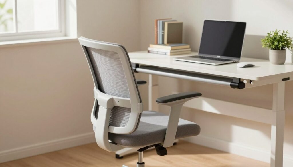 A modern ergonomic chair positioned at a height-adjustable desk in a well-lit study room. The chair features lumbar support and adjustable armrests, designed for comfort and proper posture. The desk is clutter-free, showcasing a laptop, a stack of books, and a small potted plant, reflecting a student's study space. Soft, natural light filters through a nearby window, casting gentle shadows across the room, enhancing a calm and focused atmosphere. The angle captures the desk and chair from a slightly elevated perspective, allowing the viewer to appreciate the details of both the chair and the workspace. The walls are painted in a soft, neutral color to create an inviting environment.