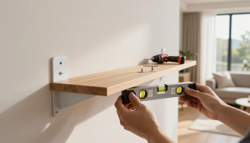 A modern home interior showcasing the installation process of a wall shelf with hidden mounting brackets. In the foreground, a close-up view of hands skillfully aligning the shelf to the wall, using a level tool, reflecting precision and care. The middle ground features the sleek, minimalist shelf made of light wood, with tools like a drill and brackets subtly placed nearby. The background depicts a stylish living room environment, softly lit with natural light streaming through a nearby window, highlighting the warm tones of the room. The overall atmosphere is calm and focused, emphasizing the practicality and aesthetic appeal of a hidden mounting solution. A modern home interior showcasing the installation process of a wall shelf with hidden mounting brackets. In the foreground, a close-up view of hands skillfully aligning the shelf to the wall, using a level tool, reflecting precision and care. The middle ground features the sleek, minimalist shelf made of light wood, with tools like a drill and brackets subtly placed nearby. The background depicts a stylish living room environment, softly lit with natural light streaming through a nearby window, highlighting the warm tones of the room. The overall atmosphere is calm and focused, emphasizing the practicality and aesthetic appeal of a hidden mounting solution.