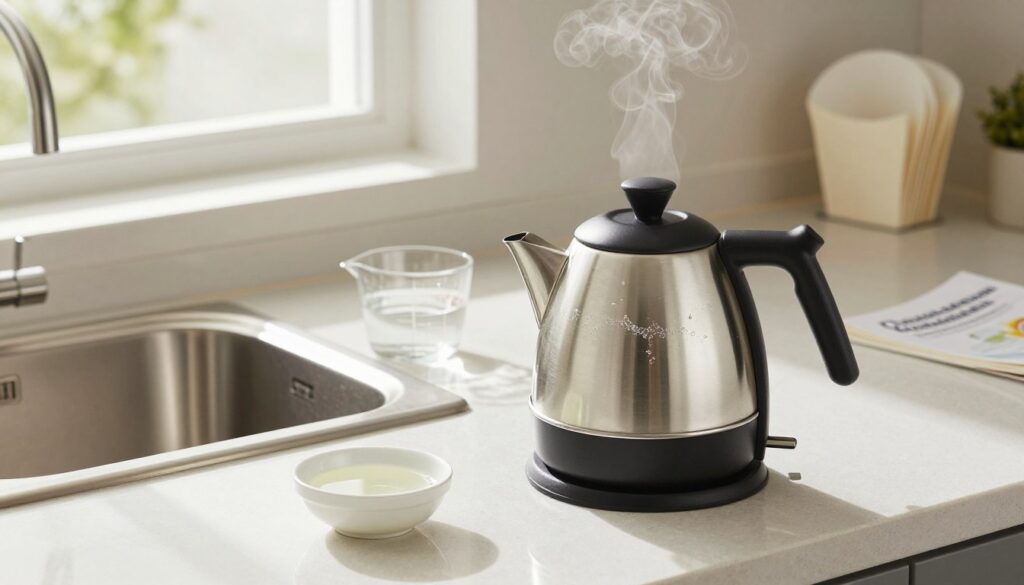 A modern kitchen countertop showcasing a gleaming kettle with a stylish design, placed next to a small bowl of white vinegar and a measuring cup filled with water. In the background, a clean sink and a window allowing natural light to stream in, casting soft shadows across the scene. The kettle has visible water boiling, with steam rising gracefully, indicating usage while emphasizing the topic of kettle maintenance. A neatly arranged stack of filter papers and a guidebook on descaling appliances are subtly included on the side. The atmosphere is bright and fresh, suggesting cleanliness and efficiency, captured with a warm tone and a slightly overhead angle to highlight the kettle and the surrounding items. A modern kitchen countertop showcasing a gleaming kettle with a stylish design, placed next to a small bowl of white vinegar and a measuring cup filled with water. In the background, a clean sink and a window allowing natural light to stream in, casting soft shadows across the scene. The kettle has visible water boiling, with steam rising gracefully, indicating usage while emphasizing the topic of kettle maintenance. A neatly arranged stack of filter papers and a guidebook on descaling appliances are subtly included on the side. The atmosphere is bright and fresh, suggesting cleanliness and efficiency, captured with a warm tone and a slightly overhead angle to highlight the kettle and the surrounding items.