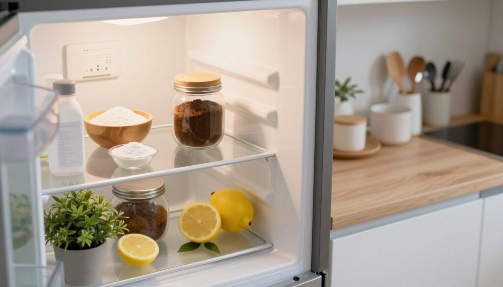 A modern kitchen interior featuring a clean and organized refrigerator, set against a warm, inviting atmosphere. In the foreground, a variety of natural odor-absorbing items are neatly arranged around the open fridge, such as a bowl of baking soda, a jar of coffee grounds, slices of lemon, and a small potted plant. The refrigerator is brightly lit with soft, warm lighting, making the items inside appear fresh and appealing. In the background, there are kitchen accessories and utensils placed neatly on countertops, enhancing the homely feel. The angle is slightly elevated, providing a comprehensive view that emphasizes cleanliness and organization, evoking a sense of freshness and pleasant aromas. The overall mood is calm and inviting, illustrating effective methods to prevent unpleasant smells in the fridge. A modern kitchen interior featuring a clean and organized refrigerator, set against a warm, inviting atmosphere. In the foreground, a variety of natural odor-absorbing items are neatly arranged around the open fridge, such as a bowl of baking soda, a jar of coffee grounds, slices of lemon, and a small potted plant. The refrigerator is brightly lit with soft, warm lighting, making the items inside appear fresh and appealing. In the background, there are kitchen accessories and utensils placed neatly on countertops, enhancing the homely feel. The angle is slightly elevated, providing a comprehensive view that emphasizes cleanliness and organization, evoking a sense of freshness and pleasant aromas. The overall mood is calm and inviting, illustrating effective methods to prevent unpleasant smells in the fridge.