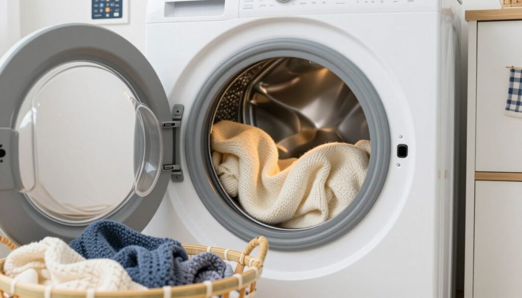A modern laundry room featuring a front-loading washing machine, partially open to reveal a delicate wool sweater gently swirling inside. The focus is on the vibrant texture of the wool and the water inside the machine, reflecting soft overhead lights that create a warm, inviting atmosphere. In the foreground, a bamboo laundry basket filled with assorted wool garments complements the scene. The middle ground showcases the washing machine with its control panel displaying the appropriate settings for wool care. The background has clean white walls adorned with laundry-themed art for a cozy feel. Capture the scene from a slightly elevated angle to emphasize the washer's features while maintaining a serene, organized environment. The overall mood should evoke a sense of care and attention to detail in washing wool items safely. A modern laundry room featuring a front-loading washing machine, partially open to reveal a delicate wool sweater gently swirling inside. The focus is on the vibrant texture of the wool and the water inside the machine, reflecting soft overhead lights that create a warm, inviting atmosphere. In the foreground, a bamboo laundry basket filled with assorted wool garments complements the scene. The middle ground showcases the washing machine with its control panel displaying the appropriate settings for wool care. The background has clean white walls adorned with laundry-themed art for a cozy feel. Capture the scene from a slightly elevated angle to emphasize the washer's features while maintaining a serene, organized environment. The overall mood should evoke a sense of care and attention to detail in washing wool items safely.