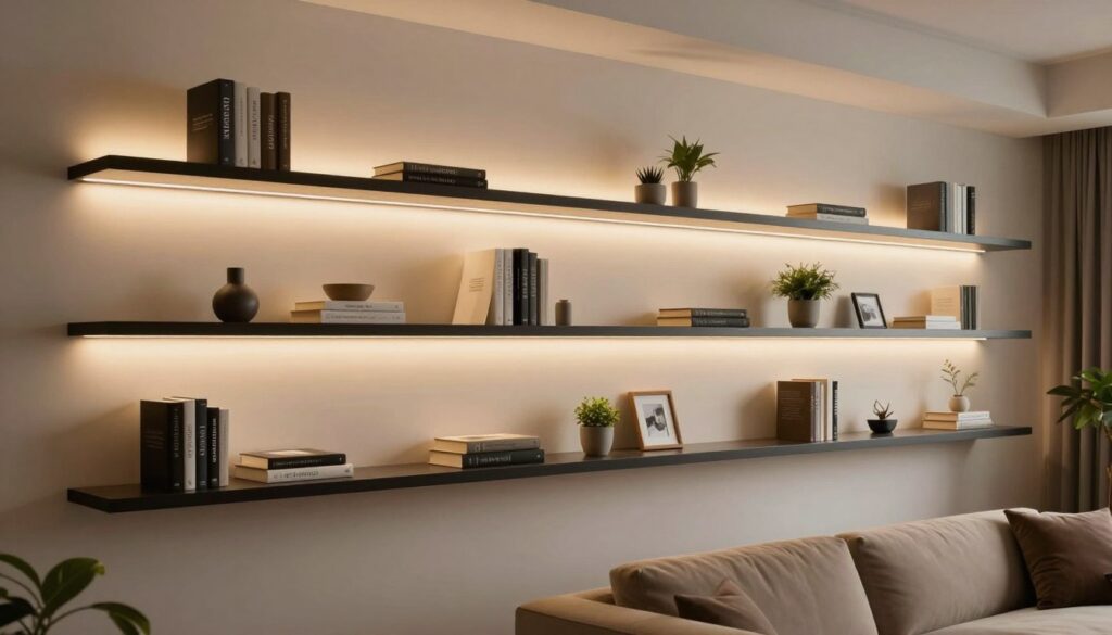 A modern living room featuring shelves with concealed mounting, designed in a sleek and minimalist style. In the foreground, show the well-organized shelves displaying decorative items such as books, potted plants, and minimalistic photo frames. In the middle, the wall seamlessly blends the shelves without visible brackets, emphasizing the clean lines and elegance of the installation. The background should include soft, ambient lighting, highlighting the warm tones of the room and casting gentle shadows that enhance the depth of the space. The perspective captures a slightly elevated angle to showcase both the shelves and the cozy furniture arrangement below, creating an inviting atmosphere perfect for relaxation or work. The overall mood is serene and sophisticated, ideal for a contemporary home setting. A modern living room featuring shelves with concealed mounting, designed in a sleek and minimalist style. In the foreground, show the well-organized shelves displaying decorative items such as books, potted plants, and minimalistic photo frames. In the middle, the wall seamlessly blends the shelves without visible brackets, emphasizing the clean lines and elegance of the installation. The background should include soft, ambient lighting, highlighting the warm tones of the room and casting gentle shadows that enhance the depth of the space. The perspective captures a slightly elevated angle to showcase both the shelves and the cozy furniture arrangement below, creating an inviting atmosphere perfect for relaxation or work. The overall mood is serene and sophisticated, ideal for a contemporary home setting.