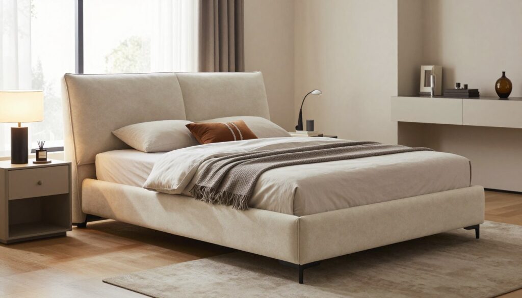 A modern upholstered bed with a storage compartment, elegantly positioned in a contemporary bedroom. The bed features a plush headboard and a sleek, minimalist design, upholstered in a soft, neutral fabric. In the foreground, a stylish bedside table holds a modern lamp, while the middle showcases the bed surrounded by tastefully arranged decor items, such as a cozy throw and decorative pillows. The background displays a softly lit room with large windows, allowing natural light to flood in, highlighting the warm wood flooring and softly colored walls. The atmosphere feels inviting and sophisticated, perfect for a tranquil retreat. The image is well-composed with a slight angle to enhance depth and dimension. A modern upholstered bed with a storage compartment, elegantly positioned in a contemporary bedroom. The bed features a plush headboard and a sleek, minimalist design, upholstered in a soft, neutral fabric. In the foreground, a stylish bedside table holds a modern lamp, while the middle showcases the bed surrounded by tastefully arranged decor items, such as a cozy throw and decorative pillows. The background displays a softly lit room with large windows, allowing natural light to flood in, highlighting the warm wood flooring and softly colored walls. The atmosphere feels inviting and sophisticated, perfect for a tranquil retreat. The image is well-composed with a slight angle to enhance depth and dimension.