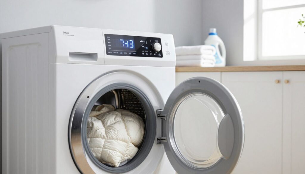 A modern washing machine, prominently featured in the foreground, is set to the delicate cycle, showcasing an illuminated digital display with symbols representing puffy clothing. The door of the washer is slightly ajar, revealing a fluffy down jacket inside, snow-white and intricately detailed with quilting patterns. In the middle ground, towels and laundry detergent bottles are neatly arranged on a nearby countertop for context. The background features a clean, minimalist laundry room with light gray walls, bright lighting spilling in from a window, creating a warm and inviting atmosphere. The composition should focus on clarity and informative detail, highlighting the essentials for washing a down jacket, with a professional yet approachable feel. A modern washing machine, prominently featured in the foreground, is set to the delicate cycle, showcasing an illuminated digital display with symbols representing puffy clothing. The door of the washer is slightly ajar, revealing a fluffy down jacket inside, snow-white and intricately detailed with quilting patterns. In the middle ground, towels and laundry detergent bottles are neatly arranged on a nearby countertop for context. The background features a clean, minimalist laundry room with light gray walls, bright lighting spilling in from a window, creating a warm and inviting atmosphere. The composition should focus on clarity and informative detail, highlighting the essentials for washing a down jacket, with a professional yet approachable feel.