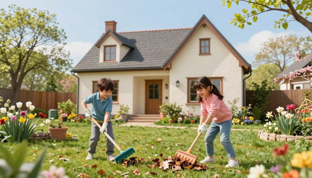 A picturesque scene depicting children happily engaging in spring cleaning activities around a cozy family home. In the foreground, two children, a boy and a girl, are playfully tidying up the garden, wearing colorful, modest casual clothing. They are enthusiastically raking leaves and picking up debris, with smiles on their faces. In the middle ground, the house is a charming, well-kept cottage surrounded by blooming flowers and green grass. The background features trees with fresh spring leaves and a clear blue sky. Soft, warm sunlight bathes the scene, creating an inviting and cheerful atmosphere. The angle is slightly elevated to capture both the children and the home together, conveying a sense of family bonding during this joyful seasonal task. A picturesque scene depicting children happily engaging in spring cleaning activities around a cozy family home. In the foreground, two children, a boy and a girl, are playfully tidying up the garden, wearing colorful, modest casual clothing. They are enthusiastically raking leaves and picking up debris, with smiles on their faces. In the middle ground, the house is a charming, well-kept cottage surrounded by blooming flowers and green grass. The background features trees with fresh spring leaves and a clear blue sky. Soft, warm sunlight bathes the scene, creating an inviting and cheerful atmosphere. The angle is slightly elevated to capture both the children and the home together, conveying a sense of family bonding during this joyful seasonal task.