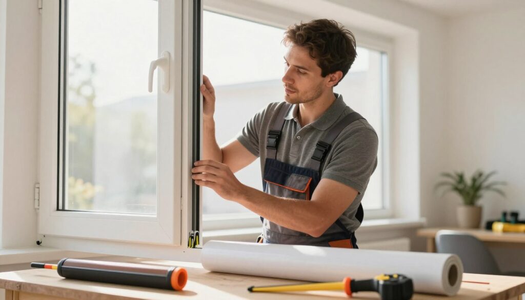 A professional handyman in a smart casual outfit stands beside a high-quality window, examining its seal. The foreground features tools like a caulking gun and a roll of weatherstripping, neatly organized on a workbench. In the middle, the focused handyman demonstrates inspection techniques, his expression thoughtful and attentive. The background provides a glimpse of a bright, airy room with sunlight streaming through the window, highlighting the importance of proper window maintenance. The lighting is warm and inviting, creating a sense of professionalism and care. Capture a detailed view of the window's edges, showcasing the potential issues with the sealing, generating a mood of urgency and reliability.