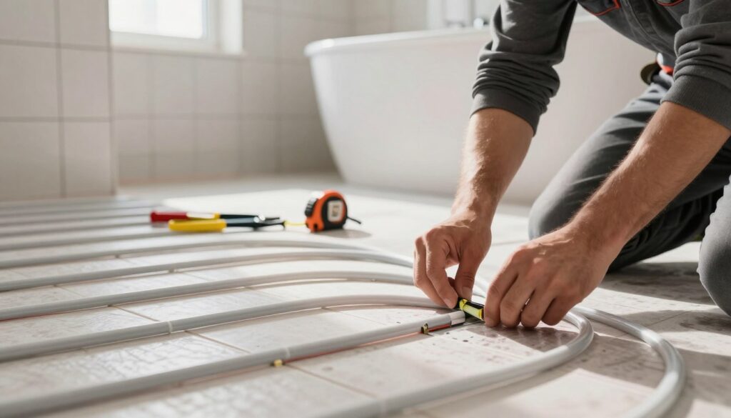 A professional, step-by-step installation of underfloor heating in a modern bathroom. In the foreground, a technician in smart casual clothing meticulously lays pipes on the floor, showcasing a close-up of the intricate heating tube arrangement. The middle ground includes tools such as a pipe cutter and measuring tape, arranged neatly on a tile surface. In the background, a partially finished bathroom reveals white tiles, a bathtub, and soft natural light pouring in from a nearby window, creating a warm and inviting atmosphere. The image captures a clear focus on the hands of the technician working, with an emphasis on precision and detail, conveying a methodical and professional approach to underfloor heating installation.