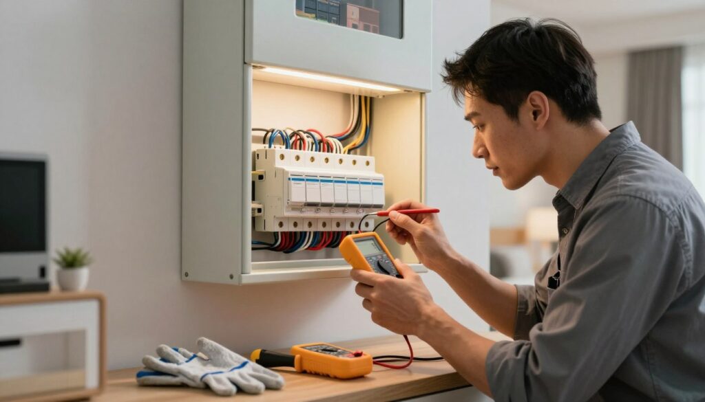 A professional technician in smart casual clothing is inspecting an electrical circuit breaker in a modern apartment utility room. The foreground features the technician using a multimeter to test wires with concentrated focus, while tools like screwdrivers and gloves are scattered on a nearby workbench. The middle ground showcases a clear circuit panel with labeled switches, illuminated by soft, warm lighting that creates an engaging atmosphere. In the background, the apartment's contemporary decor includes neutral-colored walls and a faint hint of furniture. The composition captures the meticulous attention required to identify electrical issues, evoking a sense of diligence and safety within a residential setting. The perspective is slightly tilted to emphasize the action in the foreground. A professional technician in smart casual clothing is inspecting an electrical circuit breaker in a modern apartment utility room. The foreground features the technician using a multimeter to test wires with concentrated focus, while tools like screwdrivers and gloves are scattered on a nearby workbench. The middle ground showcases a clear circuit panel with labeled switches, illuminated by soft, warm lighting that creates an engaging atmosphere. In the background, the apartment's contemporary decor includes neutral-colored walls and a faint hint of furniture. The composition captures the meticulous attention required to identify electrical issues, evoking a sense of diligence and safety within a residential setting. The perspective is slightly tilted to emphasize the action in the foreground.