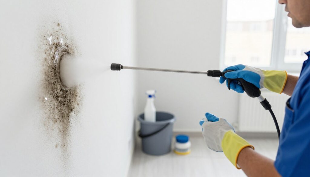 A scene depicting a professional wearing gloves and using a sprayer to remove black mold from a white wall in a well-lit, clean room. The foreground features the mold on the wall, showing its dark, blotchy texture, while the worker is positioned mid-action in the center. The middle ground captures the sprayer's mist, creating a sense of motion and effort. The background shows neatly arranged cleaning supplies, including a bucket and brushes, indicating a thorough cleaning process. The lighting is bright, emphasizing cleanliness and the task at hand. The atmosphere feels focused and determined, highlighting effective mold removal methods.