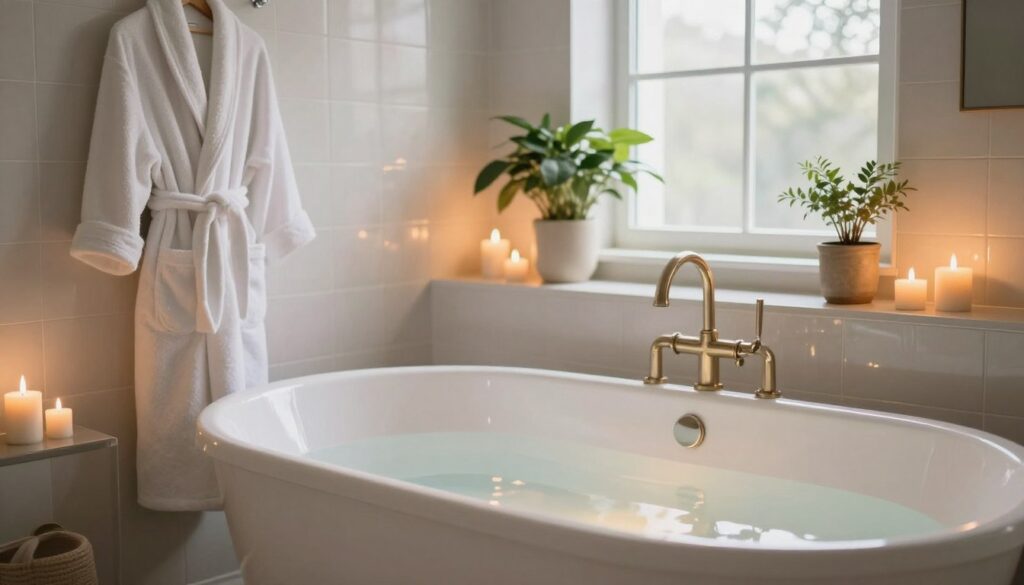 A serene bathroom scene designed for relaxation after a long day. In the foreground, a luxurious freestanding bathtub filled with warm, inviting water, surrounded by soft candles casting a gentle glow. A plush bathrobe neatly hangs on a nearby hook. In the middle ground, a beautifully arranged bathroom with elegant tiles and houseplants adding a touch of nature. The background reveals a soft-focus window allowing natural light to filter in, creating a peaceful atmosphere. The lighting is warm and welcoming, with shadows playing softly across the surfaces. This composition evokes a sense of calm and rejuvenation, perfect for illustrating the comfort of a bath at home. A serene bathroom scene designed for relaxation after a long day. In the foreground, a luxurious freestanding bathtub filled with warm, inviting water, surrounded by soft candles casting a gentle glow. A plush bathrobe neatly hangs on a nearby hook. In the middle ground, a beautifully arranged bathroom with elegant tiles and houseplants adding a touch of nature. The background reveals a soft-focus window allowing natural light to filter in, creating a peaceful atmosphere. The lighting is warm and welcoming, with shadows playing softly across the surfaces. This composition evokes a sense of calm and rejuvenation, perfect for illustrating the comfort of a bath at home.