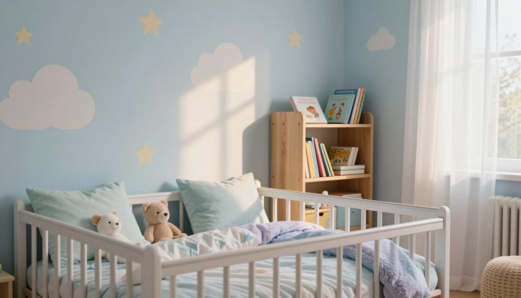 A serene children's room designed for tranquility, featuring soft pastel colors like light blue, gentle green, and pale lavender. The foreground includes a cozy crib with plush, fluffy bedding and stuffed animals resting nearby. In the middle ground, a calming wall mural of fluffy clouds and stars, enhanced by soft ambient lighting that gently illuminates the space. The background showcases a wooden bookshelf filled with colorful, well-organized children's books, and a window adorned with light, sheer curtains that allow warm, natural light to filter through, casting gentle shadows. The overall atmosphere is peaceful and inviting, perfect for promoting restful sleep and relaxation in a child's space. The composition is warm and inviting, creating a sense of calmness and security. A serene children's room designed for tranquility, featuring soft pastel colors like light blue, gentle green, and pale lavender. The foreground includes a cozy crib with plush, fluffy bedding and stuffed animals resting nearby. In the middle ground, a calming wall mural of fluffy clouds and stars, enhanced by soft ambient lighting that gently illuminates the space. The background showcases a wooden bookshelf filled with colorful, well-organized children's books, and a window adorned with light, sheer curtains that allow warm, natural light to filter through, casting gentle shadows. The overall atmosphere is peaceful and inviting, perfect for promoting restful sleep and relaxation in a child's space. The composition is warm and inviting, creating a sense of calmness and security.