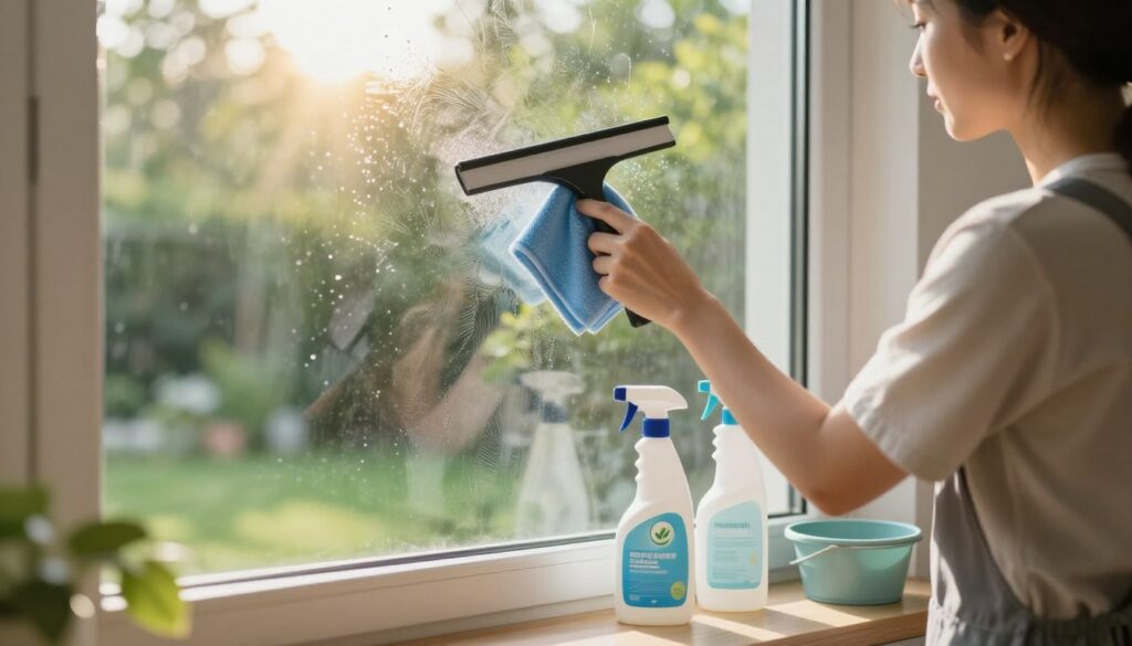 A serene indoor scene featuring a person cleaning a large window, showcasing the technique to achieve streak-free results. The individual, dressed in modest cleaning attire, uses a high-quality squeegee and a microfiber cloth, focusing intently on the glass. In the foreground, the gleaming window reflects the sunlight streaming in, creating a warm, inviting atmosphere. The middle section includes a well-organized cleaning setup with bottles of eco-friendly window cleaner and a small bucket. In the background, a lush green garden can be seen through the window, with soft natural light illuminating the entire space. The overall mood is calm and professional, emphasizing cleanliness and effective window washing techniques without any distractions.