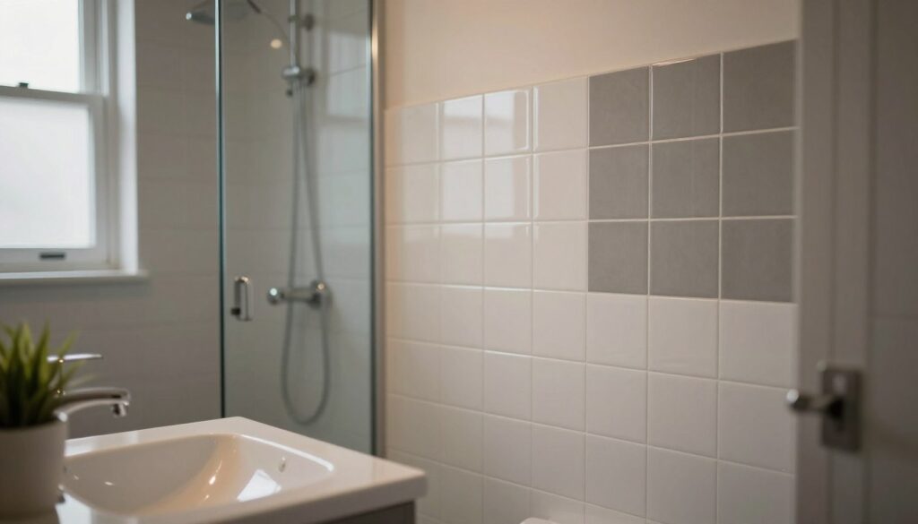 A small, stylish bathroom featuring a mix of glossy and matte tiles, showcasing their contrasting textures. In the foreground, a sleek vanity with a modern sink reflects light, complemented by a small potted plant. The middle section displays a carefully arranged wall of tiles: on one side, glossy white tiles glimmer under soft warm lighting, and on the other, matte gray tiles offer a subtle elegance. The background highlights a shower area with a glass door, illuminated by natural light coming from a frosted window. The atmosphere is serene and minimalist, with a calming color palette of whites and grays. The composition is captured with a soft focus lens to enhance the inviting mood of this intimate space. A small, stylish bathroom featuring a mix of glossy and matte tiles, showcasing their contrasting textures. In the foreground, a sleek vanity with a modern sink reflects light, complemented by a small potted plant. The middle section displays a carefully arranged wall of tiles: on one side, glossy white tiles glimmer under soft warm lighting, and on the other, matte gray tiles offer a subtle elegance. The background highlights a shower area with a glass door, illuminated by natural light coming from a frosted window. The atmosphere is serene and minimalist, with a calming color palette of whites and grays. The composition is captured with a soft focus lens to enhance the inviting mood of this intimate space.