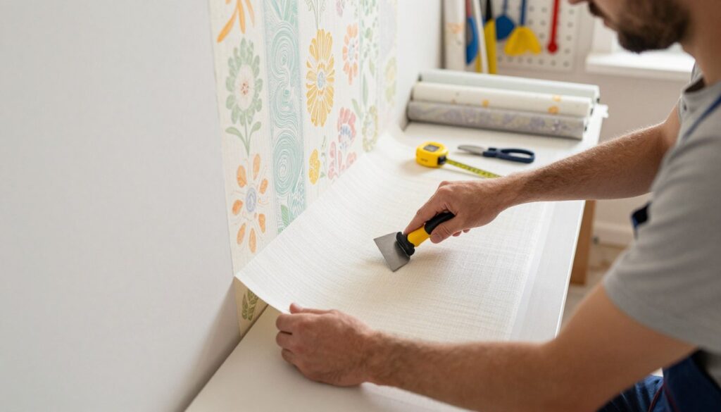 A step-by-step guide to wallpapering a wall, showing a professional tradesperson in modest, casual clothing applying wallpaper. The foreground features hands carefully smoothing the wallpaper onto a freshly prepared wall, using a smoothing tool. In the middle, there is a partially completed wall adorned with vibrant, patterned wallpaper, with a measuring tape and scissors nearby. The background showcases an organized workspace, with wallpaper rolls stacked neatly and tools hanging on a pegboard. The lighting is bright and natural, creating a warm and inviting atmosphere. The camera angle is slightly elevated, capturing the action and details of the wallpapering process.
