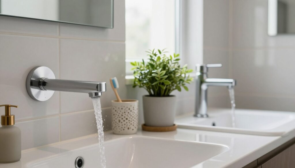 A stylish and modern bathroom scene featuring two different types of faucets: a sleek wall-mounted (podtynkowa) faucet on one side and a traditional surface-mounted (natynkowa) faucet on the other. The foreground showcases the faucets with water cascading from their spouts, highlighting their elegant designs. In the middle, a well-kept sink with decorative accessories like toothbrush holders and a lush green plant is visible, adding warmth to the scene. The background consists of tastefully arranged bathroom tiles and bright, natural lighting filtering through a frosted window, creating an inviting atmosphere. The angle captures the depth of the room, emphasizing the layout and functionality of the fixtures, conveying a sense of modern design and practicality.