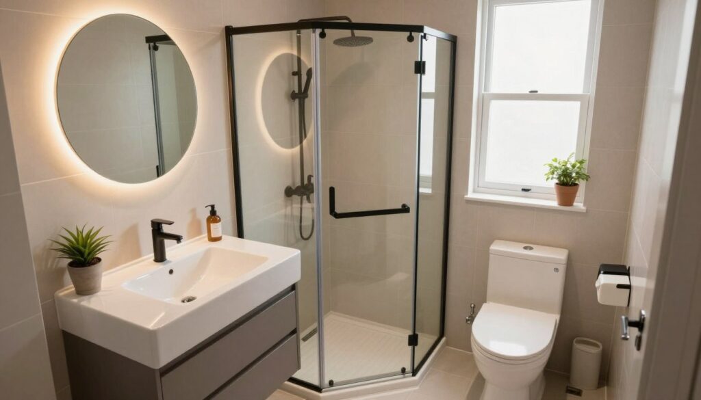 A stylish, compact bathroom designed for functionality in a small space. The foreground features a sleek, modern sink with clever storage solutions underneath, complemented by a round mirror above, reflecting soft, warm lighting. The middle showcases a corner shower unit with glass doors, surrounded by elegant tiles in neutral tones, enhancing the sense of space. In the background, a minimalistic, space-saving toilet is tucked into a corner, with potted plants adding a touch of greenery. Ambient lighting creates a cozy atmosphere, with natural light streaming in from a frosted window, providing a bright yet inviting feel. The overall design emphasizes practicality, with every inch utilized effectively while maintaining a chic, contemporary aesthetic. A stylish, compact bathroom designed for functionality in a small space. The foreground features a sleek, modern sink with clever storage solutions underneath, complemented by a round mirror above, reflecting soft, warm lighting. The middle showcases a corner shower unit with glass doors, surrounded by elegant tiles in neutral tones, enhancing the sense of space. In the background, a minimalistic, space-saving toilet is tucked into a corner, with potted plants adding a touch of greenery. Ambient lighting creates a cozy atmosphere, with natural light streaming in from a frosted window, providing a bright yet inviting feel. The overall design emphasizes practicality, with every inch utilized effectively while maintaining a chic, contemporary aesthetic.