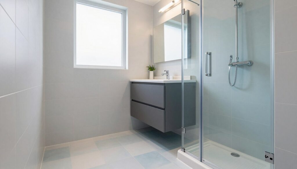 A stylish small bathroom featuring a walk-in shower, designed for optimal functionality. In the foreground, showcase sleek tiles in soft hues of white and light blue, creating a calming atmosphere. Include a glass shower enclosure, emphasizing transparency and modern design. In the middle, incorporate a compact vanity with elegant fixtures, surrounded by smart storage solutions to maximize space. The background should depict soft natural lighting coming from a frosted window, enhancing the serene ambiance. Use a wide-angle lens perspective to capture the depth and layout of the room effectively. The overall mood is tranquil and sophisticated, perfect for a cozy yet functional small bathroom space. A stylish small bathroom featuring a walk-in shower, designed for optimal functionality. In the foreground, showcase sleek tiles in soft hues of white and light blue, creating a calming atmosphere. Include a glass shower enclosure, emphasizing transparency and modern design. In the middle, incorporate a compact vanity with elegant fixtures, surrounded by smart storage solutions to maximize space. The background should depict soft natural lighting coming from a frosted window, enhancing the serene ambiance. Use a wide-angle lens perspective to capture the depth and layout of the room effectively. The overall mood is tranquil and sophisticated, perfect for a cozy yet functional small bathroom space.