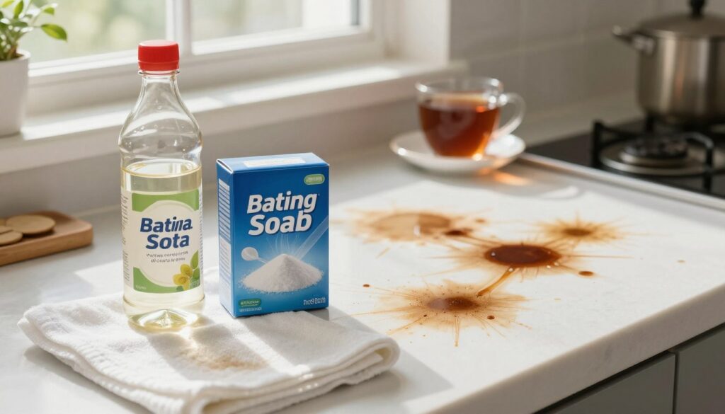 A vibrant and clear kitchen scene showcasing soda and vinegar as effective cleaners for coffee, tea, and sweat stains. In the foreground, a bottle of vinegar and a box of baking soda sit prominently next to a stained white cloth, illustrating the cleaning process. The middle ground features a countertop with various stained surfaces from spilled coffee and tea, highlighting the cleaning challenge. In the background, soft natural light filters through a window, bathing the room in a warm glow, enhancing the inviting atmosphere. The composition emphasizes cleanliness and simplicity, conveying a sense of practicality and home remedy efficiency. The camera angle captures the arrangement artistically, drawing the viewer's eye to the cleaning items and stains, without any text or distractions. A vibrant and clear kitchen scene showcasing soda and vinegar as effective cleaners for coffee, tea, and sweat stains. In the foreground, a bottle of vinegar and a box of baking soda sit prominently next to a stained white cloth, illustrating the cleaning process. The middle ground features a countertop with various stained surfaces from spilled coffee and tea, highlighting the cleaning challenge. In the background, soft natural light filters through a window, bathing the room in a warm glow, enhancing the inviting atmosphere. The composition emphasizes cleanliness and simplicity, conveying a sense of practicality and home remedy efficiency. The camera angle captures the arrangement artistically, drawing the viewer's eye to the cleaning items and stains, without any text or distractions.