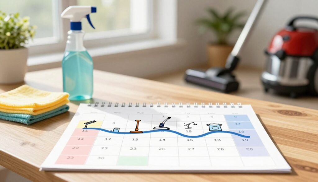 A visually appealing weekly cleaning schedule illustrated as a beautifully organized harmonogram on a wooden desk. In the foreground, a neatly designed calendar with color-coded tasks for each day, including icons for different cleaning activities like dusting, vacuuming, and laundry. The middle layer features a soft-focus of cleaning supplies like a spray bottle, microfiber cloths, and a vacuum cleaner subtly placed around the calendar. The background contains warm, diffused sunlight streaming through a window, creating an inviting atmosphere, with potted plants adding a touch of greenery. The overall mood is productive and serene, with an emphasis on organization and clarity. The image must be free of any text or watermarks, focusing purely on the visual representation of the cleaning schedule. A visually appealing weekly cleaning schedule illustrated as a beautifully organized harmonogram on a wooden desk. In the foreground, a neatly designed calendar with color-coded tasks for each day, including icons for different cleaning activities like dusting, vacuuming, and laundry. The middle layer features a soft-focus of cleaning supplies like a spray bottle, microfiber cloths, and a vacuum cleaner subtly placed around the calendar. The background contains warm, diffused sunlight streaming through a window, creating an inviting atmosphere, with potted plants adding a touch of greenery. The overall mood is productive and serene, with an emphasis on organization and clarity. The image must be free of any text or watermarks, focusing purely on the visual representation of the cleaning schedule.