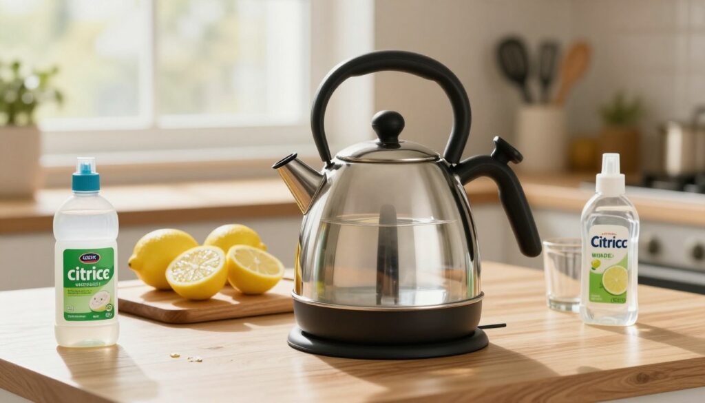 A visually engaging kitchen scene showcasing the process of descaling a kettle, centered in the foreground. The kettle is shiny and modern, partially filled with water. Surrounding it are various descaling agents like citric acid and vinegar in clear glass containers. In the middle ground, a cutting board displays freshly cut lemons, hinting at natural descaling methods. A softly glowing window bathes the scene in warm, natural light, enhancing the cozy atmosphere of a domestic setting. In the background, a gentle bokeh effect gives a sense of depth, with kitchen utensils neatly arranged. The overall mood is informative and inviting, perfect for illustrating practical tips for maintaining household appliances. A visually engaging kitchen scene showcasing the process of descaling a kettle, centered in the foreground. The kettle is shiny and modern, partially filled with water. Surrounding it are various descaling agents like citric acid and vinegar in clear glass containers. In the middle ground, a cutting board displays freshly cut lemons, hinting at natural descaling methods. A softly glowing window bathes the scene in warm, natural light, enhancing the cozy atmosphere of a domestic setting. In the background, a gentle bokeh effect gives a sense of depth, with kitchen utensils neatly arranged. The overall mood is informative and inviting, perfect for illustrating practical tips for maintaining household appliances.
