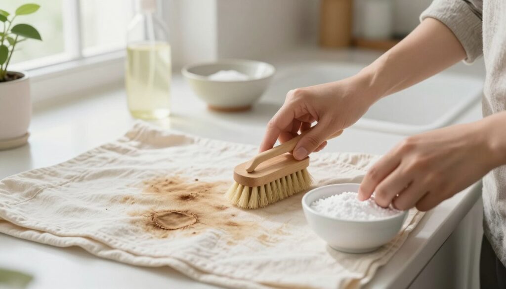 A visually engaging, well-lit scene focused on the process of removing old, dried stains from fabric. The foreground features a pair of hands in modest casual clothing holding a soft brush and a small bowl of natural cleaning agents like vinegar and baking soda. In the middle, an old, stained fabric is laid out on a clean surface, with a few spots visibly treated with the cleaning agents, showing the difference in color and texture. The background includes a bright, airy kitchen setting with natural light streaming in through a window, creating a fresh and inviting atmosphere. The overall mood is practical and hopeful, emphasizing the effectiveness of home remedies for stain removal. A visually engaging, well-lit scene focused on the process of removing old, dried stains from fabric. The foreground features a pair of hands in modest casual clothing holding a soft brush and a small bowl of natural cleaning agents like vinegar and baking soda. In the middle, an old, stained fabric is laid out on a clean surface, with a few spots visibly treated with the cleaning agents, showing the difference in color and texture. The background includes a bright, airy kitchen setting with natural light streaming in through a window, creating a fresh and inviting atmosphere. The overall mood is practical and hopeful, emphasizing the effectiveness of home remedies for stain removal.