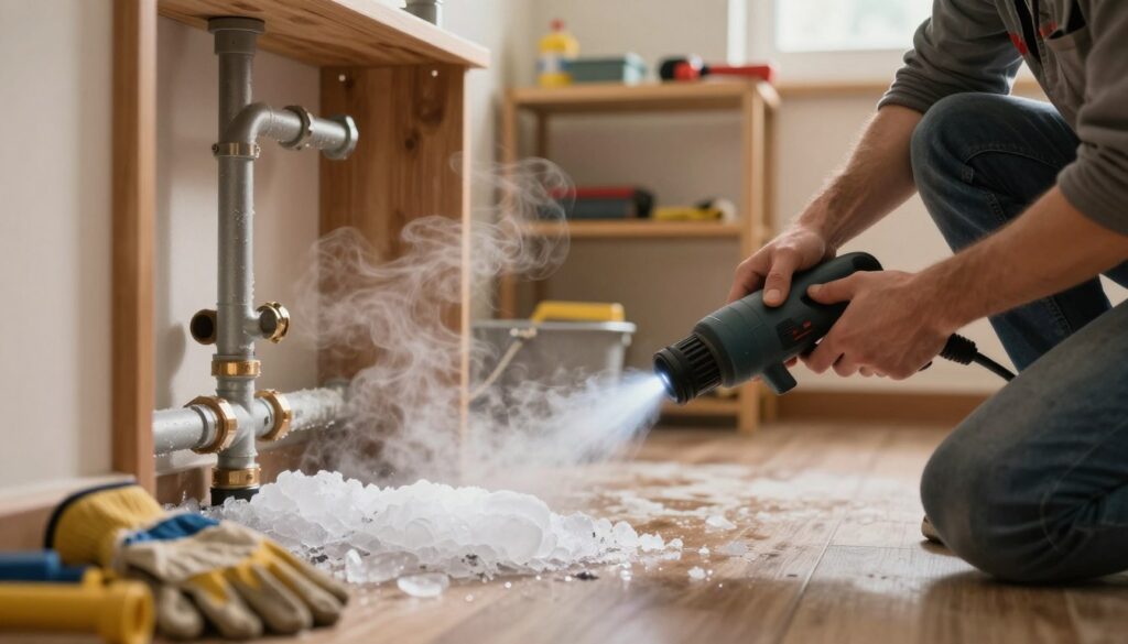 A warm air thawing process for frozen pipes in a residential setting. In the foreground, a professional craftsman in modest casual clothing carefully uses a handheld warm air blower on a section of ice-clogged pipes, concentrating on the melting ice. The middle ground shows partially thawed pipes with steam gently rising, alongside tools like gloves and a small bucket for ice shards. The background features a cozy, well-lit utility room with wooden shelves and other plumbing tools. Soft, diffused lighting enhances the warm atmosphere, creating a sense of safety and attention to detail. The image captures the professionalism of the thawing process while ensuring clarity and focus on the task at hand. A warm air thawing process for frozen pipes in a residential setting. In the foreground, a professional craftsman in modest casual clothing carefully uses a handheld warm air blower on a section of ice-clogged pipes, concentrating on the melting ice. The middle ground shows partially thawed pipes with steam gently rising, alongside tools like gloves and a small bucket for ice shards. The background features a cozy, well-lit utility room with wooden shelves and other plumbing tools. Soft, diffused lighting enhances the warm atmosphere, creating a sense of safety and attention to detail. The image captures the professionalism of the thawing process while ensuring clarity and focus on the task at hand.