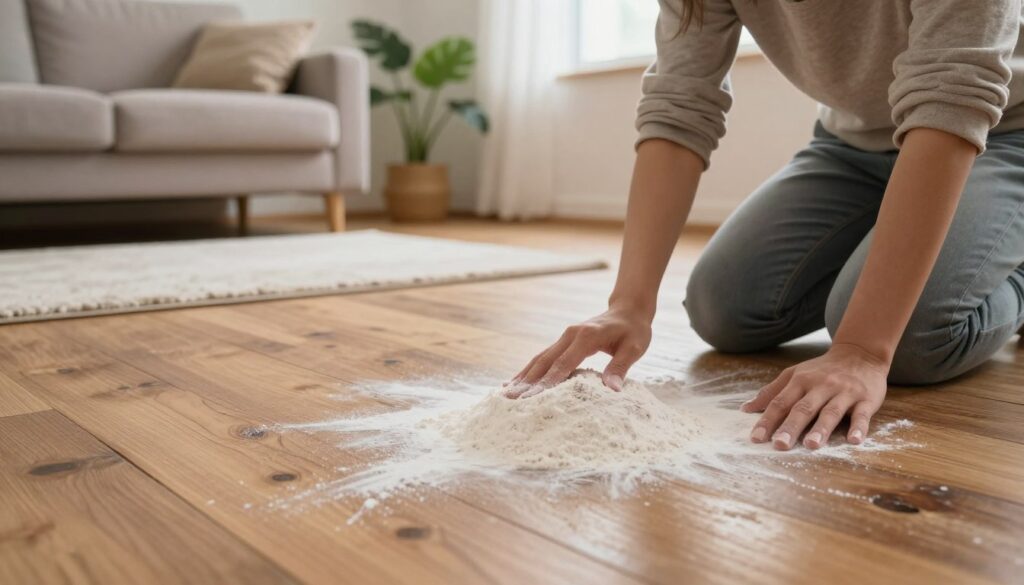A warm, inviting interior scene featuring a wooden floor that shows signs of wear and creaks. In the foreground, a person in modest casual clothing kneels beside the floor, applying a homemade remedy like baby powder or talcum powder to reduce the squeaking noise. The middle ground includes a cozy living room setup with a comfortable sofa, a soft rug, and potted plants, creating a homely atmosphere. In the background, natural light streams in through a window, illuminating the space and adding a gentle glow. The overall mood is serene and resourceful, evoking a sense of DIY home improvement with a focus on practical solutions for everyday issues. The image should be well-composed, emphasizing the process of caring for the home. A warm, inviting interior scene featuring a wooden floor that shows signs of wear and creaks. In the foreground, a person in modest casual clothing kneels beside the floor, applying a homemade remedy like baby powder or talcum powder to reduce the squeaking noise. The middle ground includes a cozy living room setup with a comfortable sofa, a soft rug, and potted plants, creating a homely atmosphere. In the background, natural light streams in through a window, illuminating the space and adding a gentle glow. The overall mood is serene and resourceful, evoking a sense of DIY home improvement with a focus on practical solutions for everyday issues. The image should be well-composed, emphasizing the process of caring for the home.