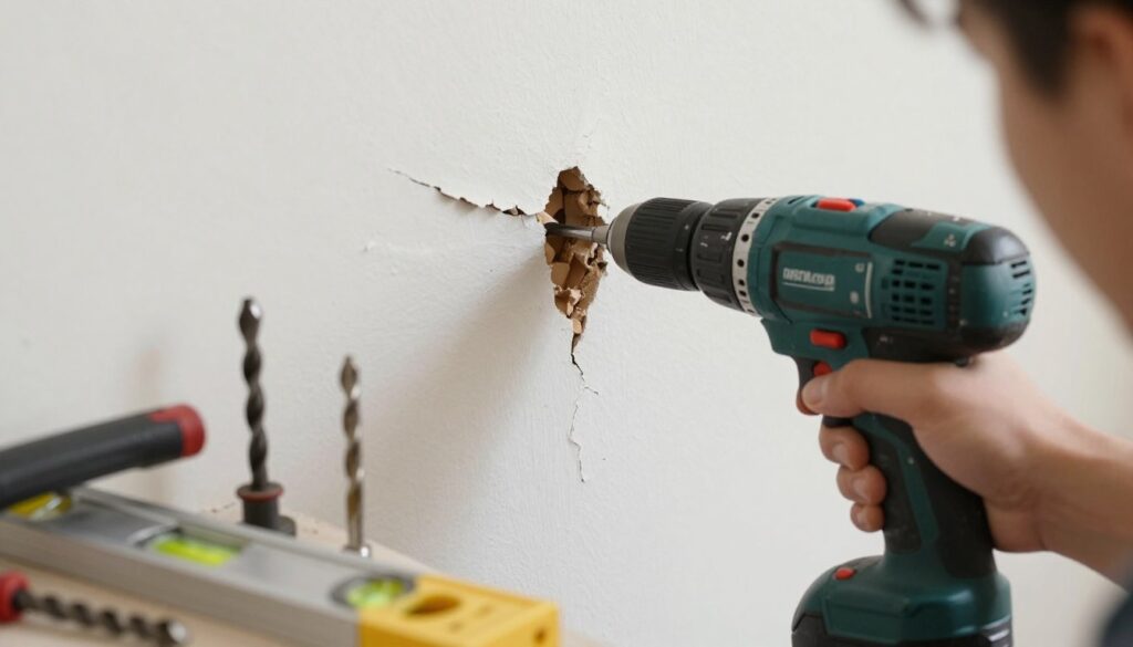 A well-lit, close-up shot of a person drilling into a wall, focusing on common mistakes made during the process. The foreground features a hand holding a drill at an awkward angle, showcasing incorrect grip and posture. The middle ground highlights an array of tools like the wrong drill bits and a level laying on a nearby surface, emphasizing poor tool selection. In the background, a partially drilled wall displays visible issues such as cracking and misalignment. Soft, natural lighting creates a realistic atmosphere, enhancing the focus on the drilling error details. The mood is educational and slightly cautionary, aimed at helping viewers understand common pitfalls in wall drilling techniques.