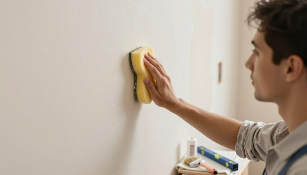 A well-lit interior scene depicting a wall preparation for wallpapering. In the foreground, a skilled professional is carefully cleaning the wall surface with a sponge, wearing a modest work outfit. The middle ground features tools like a wallpaper brush, adhesive, and a level, neatly arranged on a drop cloth. In the background, there are partially exposed sections of the wall showing the previous wallpaper being peeled away, revealing its texture. Soft, warm lighting enhances the atmosphere, providing a sense of home improvement and dedication. The angle is slightly above eye level, capturing both the details of the wall and the focused expression of the worker, creating an inviting and industrious mood.