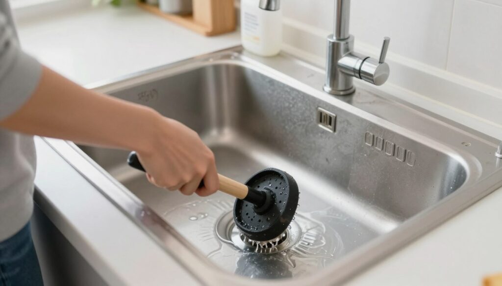 A well-lit kitchen sink scene emphasizing a clogged drain with water pooling around the basin. In the foreground, a person wearing modest casual clothing is intently using a plunger to clear the blockage, demonstrating the technique. The middle ground features the kitchen sink with visible plumbing components and a soap bottle nearby. In the background, there are cabinets and kitchen utensils, providing context to the setting. The overall lighting is bright and inviting, creating a practical atmosphere, while the camera angle is slightly above eye level to capture both the action and the surrounding environment. The scene conveys a sense of determination and focus on resolving the plumbing issue effectively. A well-lit kitchen sink scene emphasizing a clogged drain with water pooling around the basin. In the foreground, a person wearing modest casual clothing is intently using a plunger to clear the blockage, demonstrating the technique. The middle ground features the kitchen sink with visible plumbing components and a soap bottle nearby. In the background, there are cabinets and kitchen utensils, providing context to the setting. The overall lighting is bright and inviting, creating a practical atmosphere, while the camera angle is slightly above eye level to capture both the action and the surrounding environment. The scene conveys a sense of determination and focus on resolving the plumbing issue effectively.