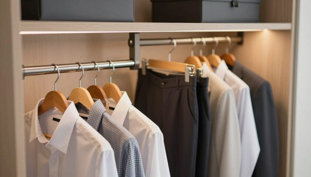 A well-organized bedroom wardrobe showcasing a variety of clothing hangers and rods tailored for different types of garments. In the foreground, there are elegantly arranged hangers with dress shirts and blouses, while in the middle ground, multiple rods hold neatly hung trousers and jackets, highlighting the functionality and style of the storage. The background features a softly lit interior of the wardrobe, with warm ambient lighting creating a cozy atmosphere. The wardrobe's design is modern with clean lines, displaying wood textures and subtle finishes. The camera angle is slightly tilted upward, providing an inviting view that emphasizes the depth of the space. The overall mood is serene and organized, reflecting a perfect blend of form and function in bedroom storage.