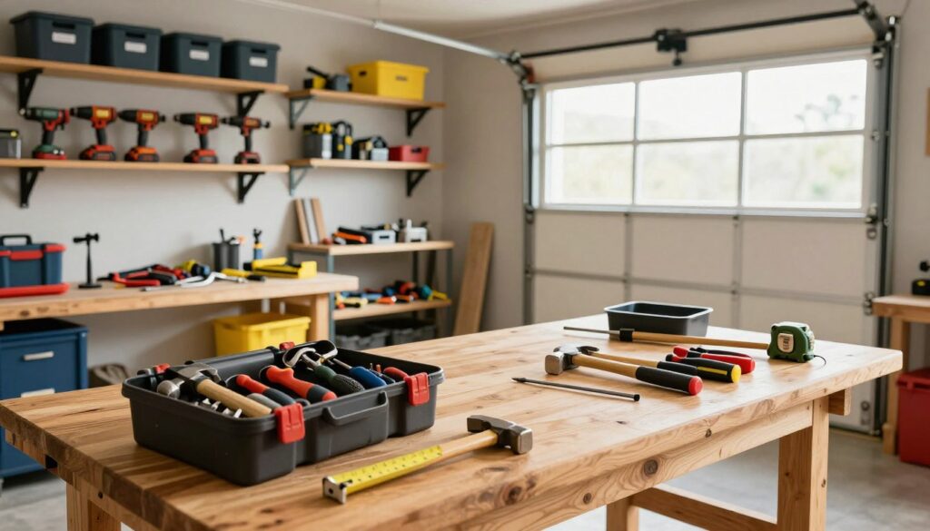 A well-organized home workshop showcasing an array of essential tools neatly stored and easily accessible. In the foreground, a sturdy wooden workbench displaying common hand tools such as hammers, screwdrivers, and a tape measure arranged in a tidy toolbox. The middle ground features open shelving units with power tools and storage bins, all color-coded and labeled for clarity. In the background, a well-lit garage or utility room with natural light streaming through a window, illuminating the organized space. The atmosphere conveys a sense of order and efficiency, ideal for beginners looking to maintain organization while tackling DIY projects. The overall composition should evoke a feeling of inspiration, inviting viewers to envision their own tidy tool storage solutions. A well-organized home workshop showcasing an array of essential tools neatly stored and easily accessible. In the foreground, a sturdy wooden workbench displaying common hand tools such as hammers, screwdrivers, and a tape measure arranged in a tidy toolbox. The middle ground features open shelving units with power tools and storage bins, all color-coded and labeled for clarity. In the background, a well-lit garage or utility room with natural light streaming through a window, illuminating the organized space. The atmosphere conveys a sense of order and efficiency, ideal for beginners looking to maintain organization while tackling DIY projects. The overall composition should evoke a feeling of inspiration, inviting viewers to envision their own tidy tool storage solutions.