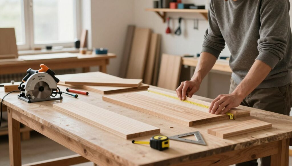 A well-organized workshop setting showcasing the preparation of shelf elements from furniture boards. In the foreground, a neatly arranged workbench displays cut wooden pieces, tools such as a circular saw, measuring tape, and a square, while a person in modest casual clothing, focused and confident, measures the dimensions of a board. The middle ground features other furniture components and wood grain details, demonstrating texture and quality. In the background, soft natural light filters through a window, illuminating the workspace, accompanied by shelves lined with additional tools and materials. The overall atmosphere conveys a sense of craftsmanship, creativity, and DIY inspiration.