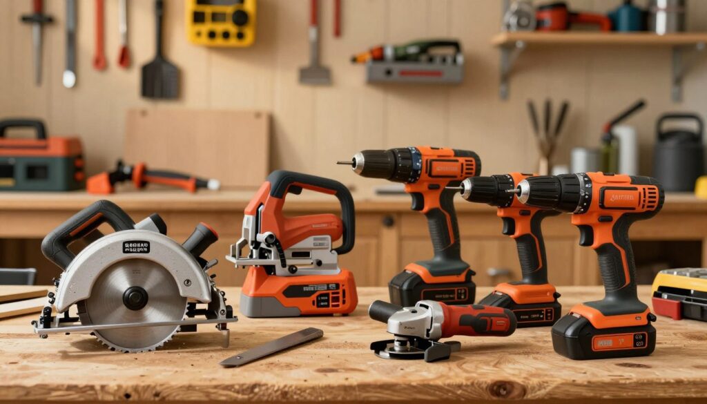 A well-organized workspace featuring a variety of electric power tools for cutting and drilling, such as a circular saw, a cordless drill, and an angle grinder. In the foreground, these tools should be arranged neatly on a wooden workbench; the tools showcase modern designs and functionality. The middle ground depicts additional tools prominently displayed, including a jigsaw and a sanders, all easily accessible. The background presents a cozy garage environment with warm, diffused lighting illuminating the soft wood textures and various tool accessories. The atmosphere feels inviting yet professional, reflecting a spot ideal for DIY enthusiasts and beginners in home improvement. The composition captures the essence of innovation and practicality without any people or distractions. A well-organized workspace featuring a variety of electric power tools for cutting and drilling, such as a circular saw, a cordless drill, and an angle grinder. In the foreground, these tools should be arranged neatly on a wooden workbench; the tools showcase modern designs and functionality. The middle ground depicts additional tools prominently displayed, including a jigsaw and a sanders, all easily accessible. The background presents a cozy garage environment with warm, diffused lighting illuminating the soft wood textures and various tool accessories. The atmosphere feels inviting yet professional, reflecting a spot ideal for DIY enthusiasts and beginners in home improvement. The composition captures the essence of innovation and practicality without any people or distractions.