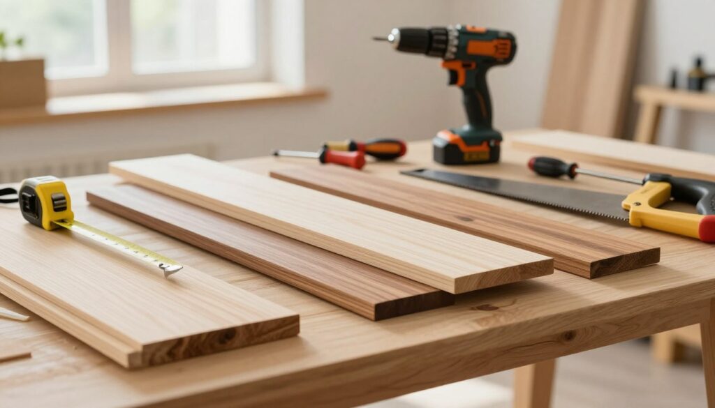 A well-organized workspace filled with materials and tools needed to build a wooden shelf. In the foreground, a sturdy table laden with various pieces of furniture board, in shades of light and dark wood, along with a measuring tape and a saw. In the middle ground, neatly arranged tools like a power drill, screwdriver, and clamps, all in a well-lit, soft-focus background. The environment is bright, showcasing natural lighting from a nearby window, creating a warm and inviting atmosphere. The image captures a sense of craftsmanship and preparation, emphasizing the tactile nature of woodworking, making it ideal for conveying the materials needed for DIY shelf construction.