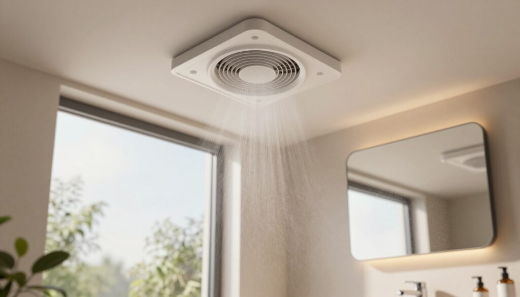 A well-ventilated modern bathroom showcasing effective moisture control techniques. In the foreground, feature a stylish ventilation fan installed on the ceiling with visible airflow patterns illustrated. The middle scene includes a large window slightly open, allowing natural light to filter through, highlighting a sleek, contemporary sink and mirror with condensation-free surfaces. In the background, subtle hints of greenery, such as potted plants, thrive in the light, emphasizing a fresh atmosphere. Soft, warm lighting creates a welcoming ambiance, while the lens captures a slightly angled perspective to convey depth. The overall mood should be serene and functional, perfectly illustrating the essence of proper bathroom ventilation. A well-ventilated modern bathroom showcasing effective moisture control techniques. In the foreground, feature a stylish ventilation fan installed on the ceiling with visible airflow patterns illustrated. The middle scene includes a large window slightly open, allowing natural light to filter through, highlighting a sleek, contemporary sink and mirror with condensation-free surfaces. In the background, subtle hints of greenery, such as potted plants, thrive in the light, emphasizing a fresh atmosphere. Soft, warm lighting creates a welcoming ambiance, while the lens captures a slightly angled perspective to convey depth. The overall mood should be serene and functional, perfectly illustrating the essence of proper bathroom ventilation.