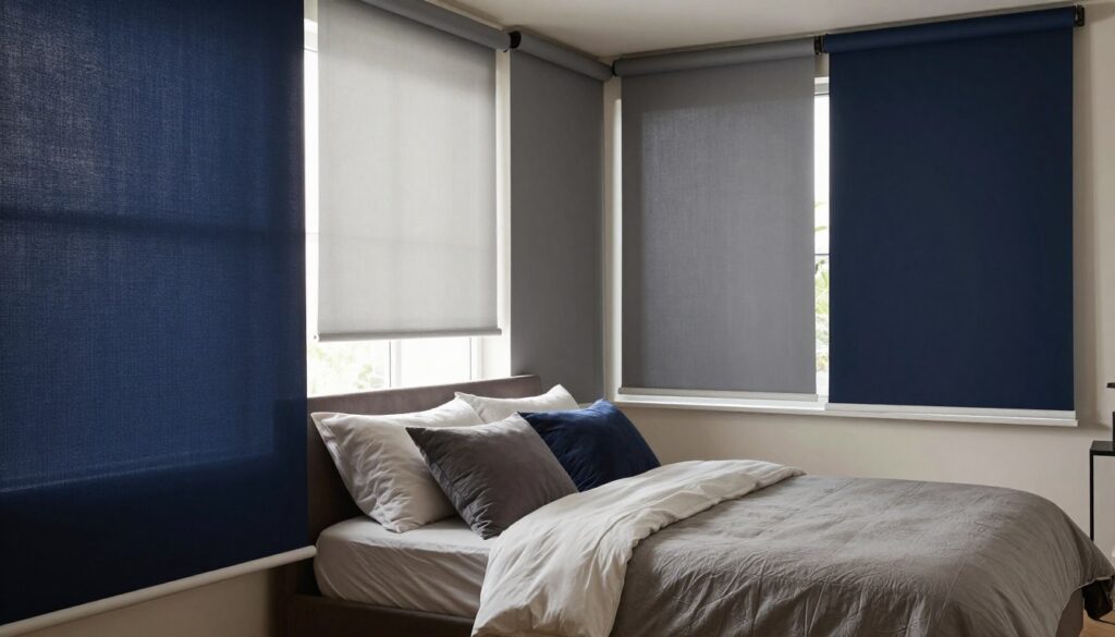 In a serene bedroom setting, showcase various styles of blackout roller blinds customized to meet diverse needs. In the foreground, feature a wide selection of elegant roller blinds in rich colors like deep navy and soft grey, partially drawn to reveal their texture. In the middle ground, a cozy, inviting bed with plush pillows and a neutral duvet, exuding comfort and relaxation. In the background, softly diffused natural light filters through a window, creating a warm atmosphere that contrasts with the cool tones of the blinds. Use a slightly elevated angle to capture the depth of the room, emphasizing the harmony between the furnishings and the roller blinds. The overall mood is tranquil and sophisticated, perfect for a modern bedroom.