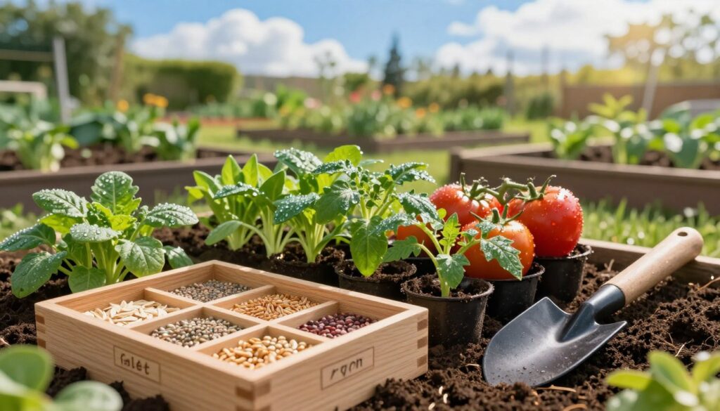 A beautiful garden scene showcasing a selection of seeds and vegetables for a beginner's garden. In the foreground, an organized wooden seed box filled with various seeds labeled for easy identification. Beside it, a vibrant arrangement of young vegetable plants like tomatoes, peppers, and leafy greens, fresh and lush, with dew drops glistening in the early morning light. The middle ground features a small gardening hoe and trowel resting on rich, dark soil, hinting at planting preparations. In the background, a sunlit garden with neatly plotted raised beds and a blue sky dotted with fluffy white clouds, conveying a warm, inviting atmosphere perfect for gardening. The focus is sharp with a soft bokeh effect in the background to create depth. A beautiful garden scene showcasing a selection of seeds and vegetables for a beginner's garden. In the foreground, an organized wooden seed box filled with various seeds labeled for easy identification. Beside it, a vibrant arrangement of young vegetable plants like tomatoes, peppers, and leafy greens, fresh and lush, with dew drops glistening in the early morning light. The middle ground features a small gardening hoe and trowel resting on rich, dark soil, hinting at planting preparations. In the background, a sunlit garden with neatly plotted raised beds and a blue sky dotted with fluffy white clouds, conveying a warm, inviting atmosphere perfect for gardening. The focus is sharp with a soft bokeh effect in the background to create depth.