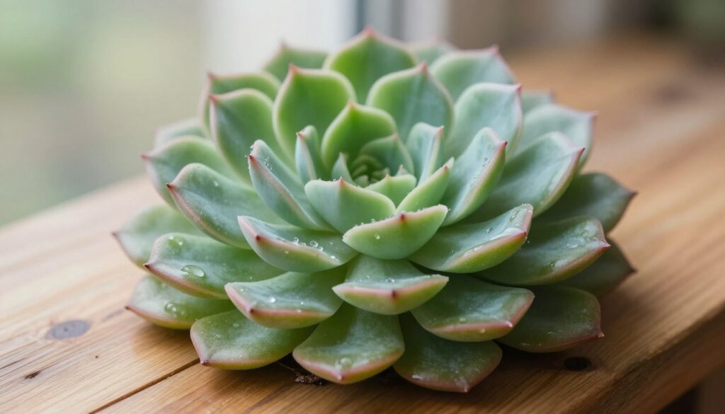 A beautifully arranged "Echeveria," a decorative succulent known for its rosette-shaped leaves, set against a soft-focus background. In the foreground, the succulent displays tightly packed, fleshy leaves in varying shades of green, with hints of blush pink along the edges, highlighting its architectural form. Delicate droplets of water rest on the leaves, reflecting light to enhance the plant's glossy texture. The middle ground features a textured wooden surface, adding warmth and a natural element to the composition. The background is softly blurred, suggesting a serene indoor environment with soft, diffused natural light streaming in, creating a calm and inviting atmosphere. The overall mood is one of tranquility and understated elegance.