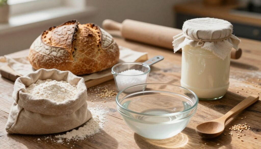 A beautifully arranged layout of ingredients for homemade sourdough bread, displayed on a rustic wooden table. In the foreground, showcase a sack of flour, a bowl of water, and a jar of sourdough starter adorned with a cloth. In the middle, add a measuring cup filled with salt and a wooden spoon resting next to it, conveying an inviting atmosphere. The background should feature softly blurred elements like a rolling pin and scattered grains, enhancing the kitchen vibe. Natural light filters in, casting gentle shadows and creating a warm, cozy ambiance. The scene evokes a sense of warmth and creativity, perfect for inspiring aspiring bakers. A beautifully arranged layout of ingredients for homemade sourdough bread, displayed on a rustic wooden table. In the foreground, showcase a sack of flour, a bowl of water, and a jar of sourdough starter adorned with a cloth. In the middle, add a measuring cup filled with salt and a wooden spoon resting next to it, conveying an inviting atmosphere. The background should feature softly blurred elements like a rolling pin and scattered grains, enhancing the kitchen vibe. Natural light filters in, casting gentle shadows and creating a warm, cozy ambiance. The scene evokes a sense of warmth and creativity, perfect for inspiring aspiring bakers.