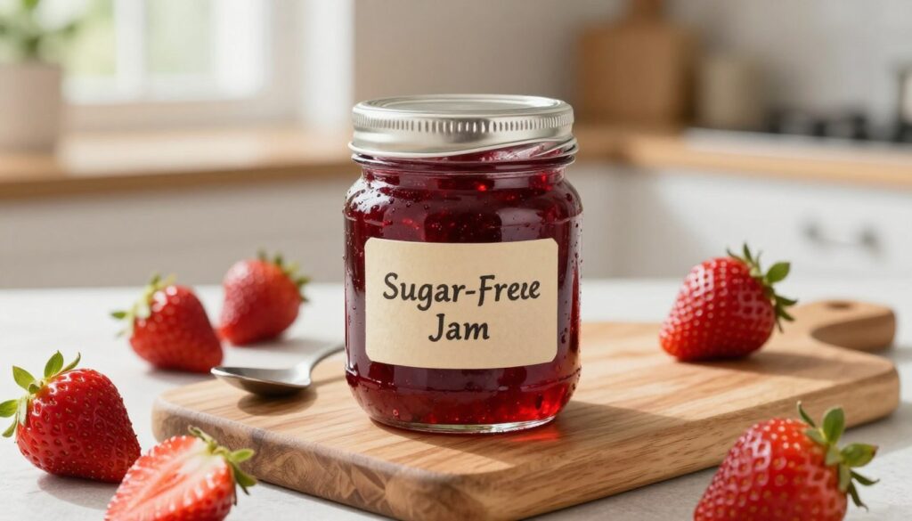 A beautifully crafted jar of sugar-free strawberry jam, placed prominently in the foreground. The jar should have a rustic, handmade appearance with a simple label that emphasizes its natural ingredients. Surrounding the jar are fresh, vibrant strawberries, some whole and others sliced, showcasing their juicy texture. In the middle ground, a wooden cutting board adorned with a small spoon resting beside the jar adds a touch of homeliness. In the background, a soft-focused kitchen setting with natural light streaming in through a window creates a warm, inviting atmosphere. The warm lighting enhances the rich red color of the jam, evoking a sense of freshness and simplicity, perfect for a homemade recipe. A beautifully crafted jar of sugar-free strawberry jam, placed prominently in the foreground. The jar should have a rustic, handmade appearance with a simple label that emphasizes its natural ingredients. Surrounding the jar are fresh, vibrant strawberries, some whole and others sliced, showcasing their juicy texture. In the middle ground, a wooden cutting board adorned with a small spoon resting beside the jar adds a touch of homeliness. In the background, a soft-focused kitchen setting with natural light streaming in through a window creates a warm, inviting atmosphere. The warm lighting enhances the rich red color of the jam, evoking a sense of freshness and simplicity, perfect for a homemade recipe.