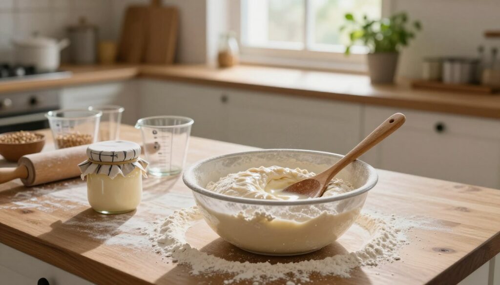 A beautifully organized kitchen workspace with a wooden countertop covered in flour. In the foreground, a large bowl filled with a dough made from flour, water, and sourdough starter, its surface slightly glossy. A wooden spoon rests inside the bowl, surrounded by scattered flour and a small jar of sourdough starter with a cloth covering it. In the middle ground, a workbench is adorned with additional measuring cups, a rolling pin, and fresh ingredients like grains. Soft, natural light streams through a nearby window, illuminating the scene with a warm glow. The background features rustic shelves with baking equipment and a hint of greenery from potted herbs. The atmosphere is calm and inviting, perfect for beginner bakers discovering the art of sourdough bread-making. A beautifully organized kitchen workspace with a wooden countertop covered in flour. In the foreground, a large bowl filled with a dough made from flour, water, and sourdough starter, its surface slightly glossy. A wooden spoon rests inside the bowl, surrounded by scattered flour and a small jar of sourdough starter with a cloth covering it. In the middle ground, a workbench is adorned with additional measuring cups, a rolling pin, and fresh ingredients like grains. Soft, natural light streams through a nearby window, illuminating the scene with a warm glow. The background features rustic shelves with baking equipment and a hint of greenery from potted herbs. The atmosphere is calm and inviting, perfect for beginner bakers discovering the art of sourdough bread-making.
