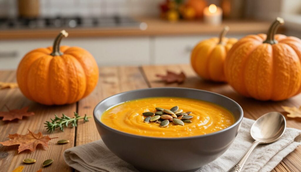 A beautifully presented bowl of creamy pumpkin soup garnished with roasted pumpkin seeds, placed on a rustic wooden table. In the foreground, the vibrant orange soup is in a smooth, deep bowl, surrounded by a few whole pumpkins and a sprinkle of fresh herbs. The middle ground features a delicate napkin and a silver soup spoon, glimmering softly under warm, golden lighting. The background includes a blurred kitchen setting with autumn-themed decorations, like a small bouquet of seasonal flowers and a few flickering candles, creating a cozy and inviting atmosphere. The image should convey warmth and comfort, evoking the essence of fall. Soft focus, with a slight vignette to enhance the mood. A beautifully presented bowl of creamy pumpkin soup garnished with roasted pumpkin seeds, placed on a rustic wooden table. In the foreground, the vibrant orange soup is in a smooth, deep bowl, surrounded by a few whole pumpkins and a sprinkle of fresh herbs. The middle ground features a delicate napkin and a silver soup spoon, glimmering softly under warm, golden lighting. The background includes a blurred kitchen setting with autumn-themed decorations, like a small bouquet of seasonal flowers and a few flickering candles, creating a cozy and inviting atmosphere. The image should convey warmth and comfort, evoking the essence of fall. Soft focus, with a slight vignette to enhance the mood.