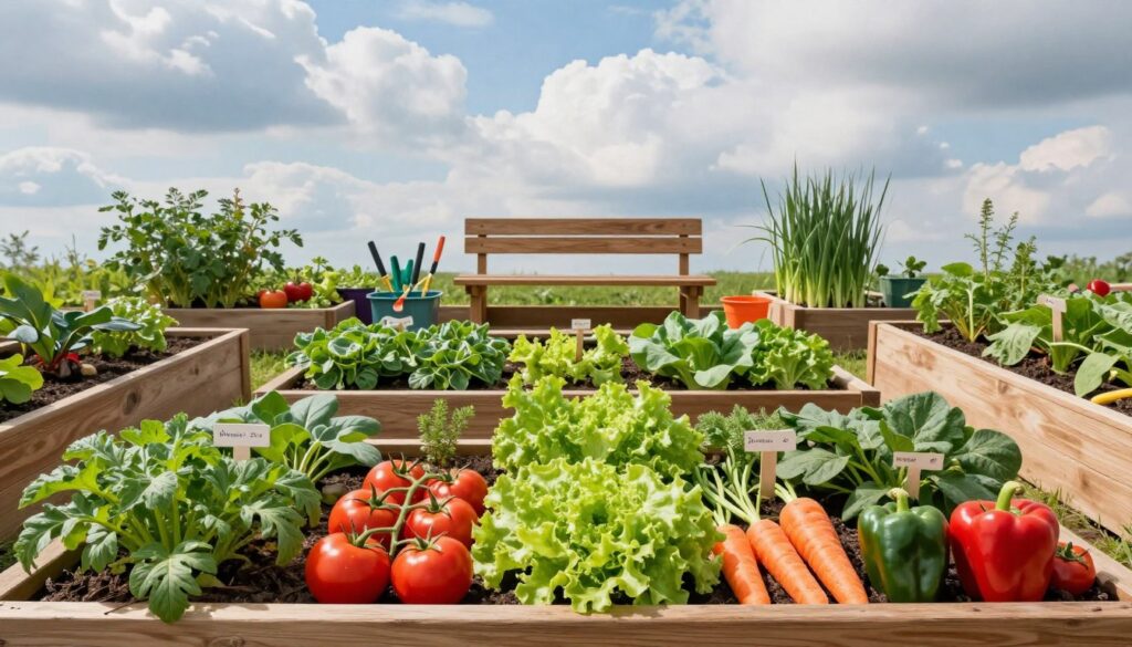 A beginner-friendly vegetable garden layout, featuring clearly defined raised beds arranged in a pleasing symmetrical pattern. In the foreground, show a lush, thriving patch of various vegetables like tomatoes, lettuce, carrots, and peppers, each labeled with subtle markers. In the middle ground, include a simple wooden gardening bench and tools organized neatly, emphasizing the idea of preparation. The background should depict a bright sky with fluffy clouds, casting soft, natural light over the scene, enhancing the vibrant colors of the plants. The mood should be inviting and inspiring, encouraging a sense of growth and exploration in gardening for beginners. No text or characters present, focusing solely on the garden layout. A beginner-friendly vegetable garden layout, featuring clearly defined raised beds arranged in a pleasing symmetrical pattern. In the foreground, show a lush, thriving patch of various vegetables like tomatoes, lettuce, carrots, and peppers, each labeled with subtle markers. In the middle ground, include a simple wooden gardening bench and tools organized neatly, emphasizing the idea of preparation. The background should depict a bright sky with fluffy clouds, casting soft, natural light over the scene, enhancing the vibrant colors of the plants. The mood should be inviting and inspiring, encouraging a sense of growth and exploration in gardening for beginners. No text or characters present, focusing solely on the garden layout.