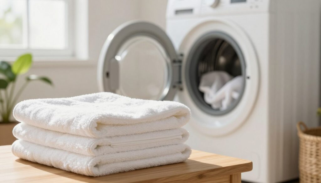 A bright and airy laundry room scene featuring freshly washed white towels. In the foreground, neatly folded white towels are stacked on a wooden surface, showcasing their softness and texture. In the middle, a washing machine door is slightly ajar, with a hint of bright fabric peeking out, hinting at the washing process. The background reveals a sunlit window, filtering warm, natural light into the room, creating a fresh and clean atmosphere. Soft shadows enhance the feel of cleanliness, while a touch of greenery from a potted plant adds a lively touch. The composition evokes a sense of freshness and care in the laundry process. A bright and airy laundry room scene featuring freshly washed white towels. In the foreground, neatly folded white towels are stacked on a wooden surface, showcasing their softness and texture. In the middle, a washing machine door is slightly ajar, with a hint of bright fabric peeking out, hinting at the washing process. The background reveals a sunlit window, filtering warm, natural light into the room, creating a fresh and clean atmosphere. Soft shadows enhance the feel of cleanliness, while a touch of greenery from a potted plant adds a lively touch. The composition evokes a sense of freshness and care in the laundry process.