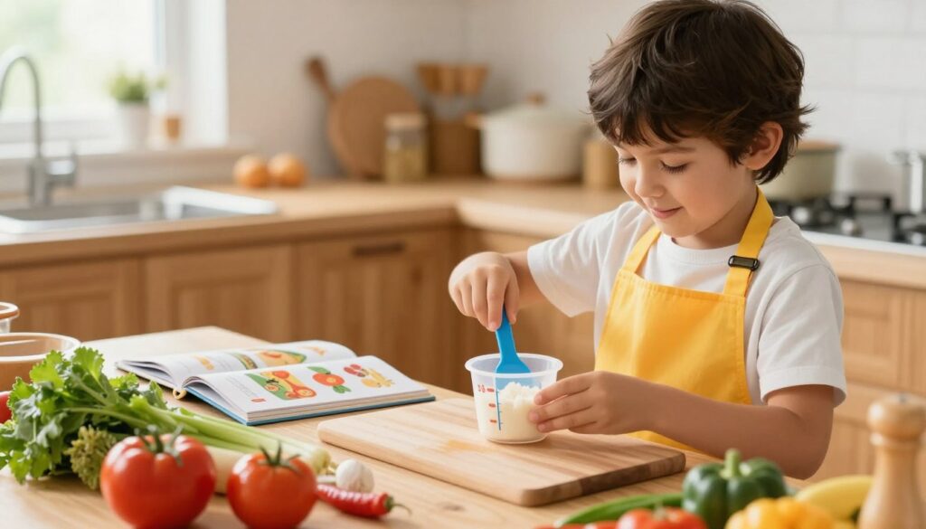 A bright and cheerful kitchen scene featuring a young child, around 8 years old, engaged in various simple cooking tasks. In the foreground, the child, dressed in a colorful apron, is carefully measuring ingredients with a small set of measuring cups, displaying concentration and joy. The kitchen counter is filled with fresh vegetables and baking tools, emphasizing the theme of cooking responsibilities. In the middle ground, an open cookbook is visible, showcasing child-friendly recipes. The background reveals wooden cabinetry and soft, natural light filtering through a window, creating a warm and inviting atmosphere. The entire scene conveys a sense of teamwork and learning, highlighting the importance of involving children in kitchen activities. A bright and cheerful kitchen scene featuring a young child, around 8 years old, engaged in various simple cooking tasks. In the foreground, the child, dressed in a colorful apron, is carefully measuring ingredients with a small set of measuring cups, displaying concentration and joy. The kitchen counter is filled with fresh vegetables and baking tools, emphasizing the theme of cooking responsibilities. In the middle ground, an open cookbook is visible, showcasing child-friendly recipes. The background reveals wooden cabinetry and soft, natural light filtering through a window, creating a warm and inviting atmosphere. The entire scene conveys a sense of teamwork and learning, highlighting the importance of involving children in kitchen activities.